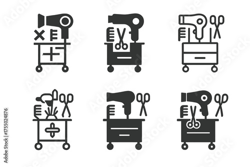Styling Tools Logos. Blow dryer and styling tools. Set Logo of Blow dryer and styling tools: Styling station / trolley with tools. harmonious logo variations