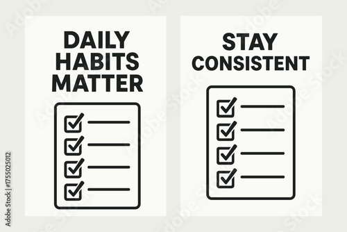 Motivational Checklist Banners. Motivation. Two vertical A6 banners with safe margins, centered composition, no elements touching edges, flat vector design,