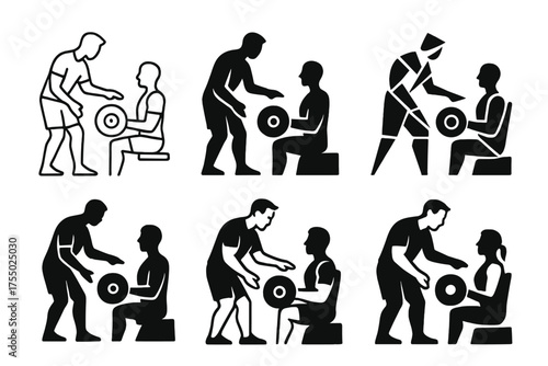 Fitness Logo Varieties. Personal trainer. Set Logo of Fitness: trainer with client. harmonious logo variations of the same emblematic concept, each with