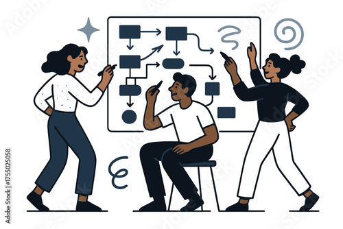 Creative Teamwork Hub. Creative hub. Glowing coworkers sketching on whiteboard filled with arrows and flowcharts. Floating icons of sparkle, line, and swirl