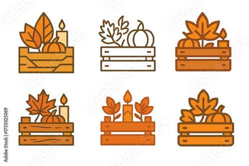Autumn Rustic Logo Designs. Autumn foliage and rustic holiday decor ideas. Set Logo of Autumn foliage and rustic holiday decor ideas: wooden crate display.