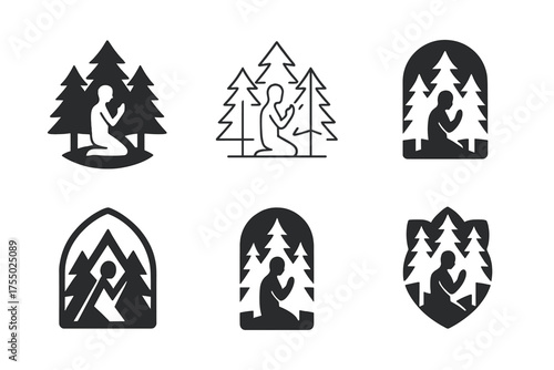 Spiritual Forest Logos. Prayer in nature. Set Logo of Spirituality: forest silhouette with praying figure. harmonious logo variations of the same emblematic