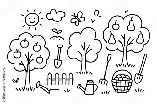Fruit Orchard Sketch. Fruit trees. Hand-drawn doodle illustration fruit trees apple, pear, tree, sprout, watering can, shovel, rake, fence, leaf, sun, cloud,