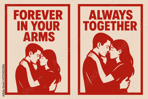 Lovers' Embrace Banners. Relationship. Two vertical A6 banners with safe margins, centered composition, no elements touching edges, bold style, red and beige,