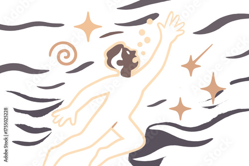 Submerged Urgency. Desperate air. Glowing person underwater silhouette reaching upward, bubbles symbolizing gasping. Floating icons of sparkle, swirl, and star