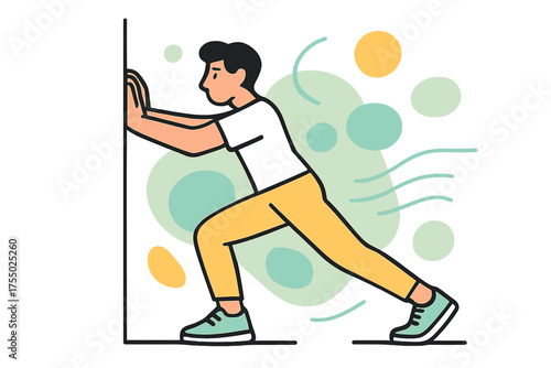 Dynamic Calf Stretch. Calf Stretch. Individual leaning against wall with one leg extended back, floating abstract lines indicating elongation, subtle relaxing