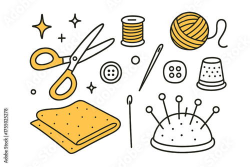 Crafting Tools Doodle. Crafting Session. Hand-drawn doodle illustration scissors (colored), fabric (colored), thread (colored), sparkle, star, needle, thimble