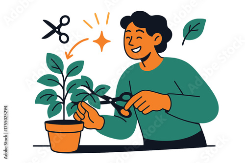 Basil Harvest Glow. Fresh clipping. Person glowing while cutting sprigs of basil from a pot on the counter. Floating icons of scissors, sparkle, and leaf