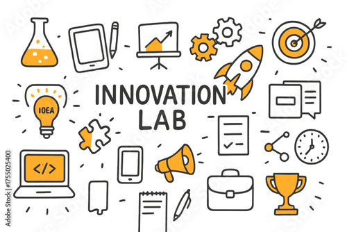 Innovation Icons Doodle. Innovation Lab. Hand-drawn doodle illustration Lightbulb, gears, rocket, laboratory flask, idea, laptop, tablet, notebook, pen,