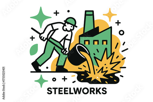 Glowing Steelworks Scene. Steelworks. A glowing industrial building with sparks flying from molten metal, abstract spark and star icons symbolizing intensity.