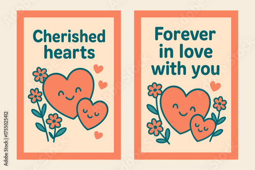 Cherished Hearts Banners. Cherished hearts. Two vertical A6 banners with safe margins, centered composition, no elements touching edges, cartoon, coral and