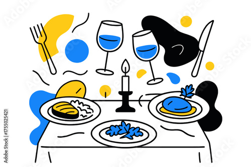 Elegant Dining Atmosphere. Fine Dining Table. Elegant table with floating wine glasses, cutlery, and gourmet dishes, abstract shapes emphasizing refined