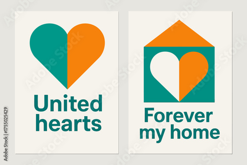 United Hearts Banners. United hearts. Two vertical A6 banners with safe margins, centered composition, no elements touching edges, geometric, turquoise and