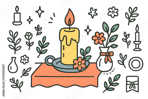 Candle Centerpiece Doodle. Candle Centerpiece. Hand-drawn doodle illustration candle (colored), holder (colored), flowers (colored), sparkle, star, vase,