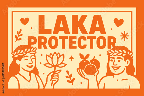Laka Protector Banner. Laka Protector banner, flat vector illustration, bold oversized text inside rectangular frame, cartoon characters standing and holding