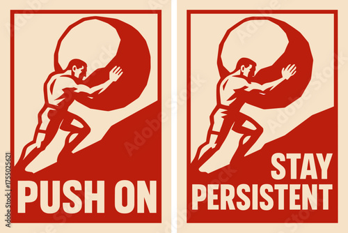 Athlete's Determination. Strength. Two vertical A6 banners with safe margins, centered composition, no elements touching edges, bold style, red and beige,