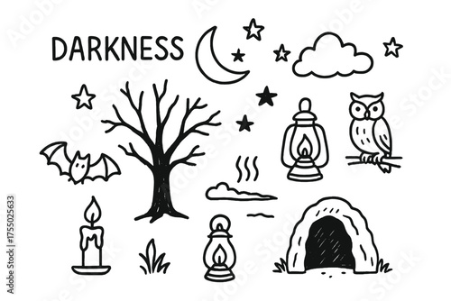 Dark Night Doodles. Darkness. Hand-drawn doodle illustration Darkness moon cloud stars night sky shadow tree cave candle lantern fog bat owl. Simple