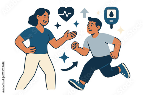 Guided Fitness Journey. Fitness for specific conditions. Glowing trainer guiding a person with heart and glucose icons floating above. Floating icons of