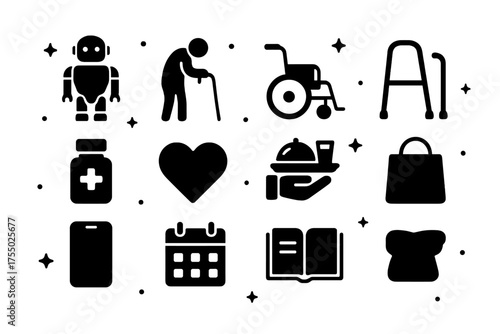 Assistive Robot Icons. Assistive robots. Solid icons set of Assistive robots: humanoid robot, elderly person, cane, wheelchair, walker, medicine bottle, heart,