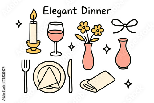 Elegant Dinner Doodles. Elegant Dinner. Hand-drawn doodle illustration candle (colored), wine glass (colored), flowers (colored), ribbon, sparkle, star, vase