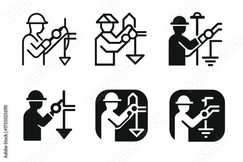 Electrical Logo Variations. Electrical line installers repairing power lines. Set Logo of Electrical line installers repairing power lines: grounding rod and