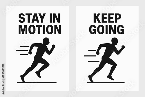 Runner Motivation Banners. Motivation. Two vertical A6 banners with safe margins, centered composition, no elements touching edges, flat vector design, black