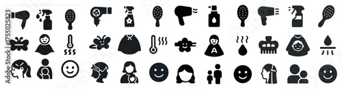 Beauty and haircare solid icons set – silhouette, grooming, personal care symbols