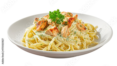 Salmon Fettuccine Alfredo Pasta isolated on a transparent background