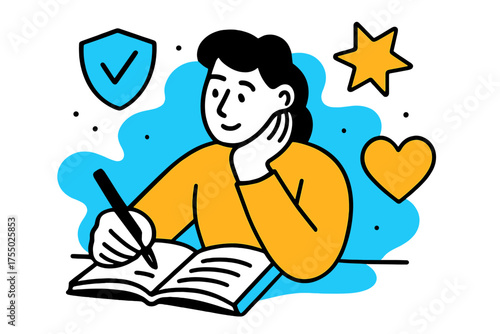 Guided Journaling Icons. Guided Journaling. Individual writing in a notebook with floating abstract icons symbolizing integrity, courage, and empathy, calm