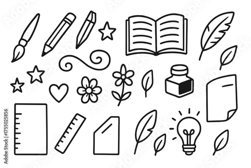 Creative Art Tools. Art pages. Hand-drawn doodle illustration art pages paintbrush, pencil, open book, ink bottle, quill, swirl, star, heart, flower, leaf,