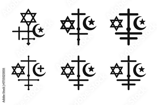 World Religions Logos. Sparring. Two glowing boxers facing each other mid-ring with gloves clashing and sparks flying. Floating icons of sparkle, star, and