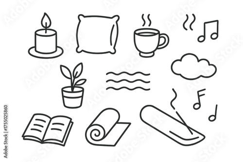 Relaxation Essentials Icons. Relaxation. Hand-drawn doodle illustration Relaxation candle mat pillow cup plant music waves cloud book incense. Simple