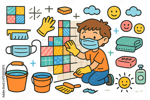 Children's Tile Art. Tile Makeover. Colorful Hand-drawn doodle Children illustration child tiling bathroom, modern patterns, colorful tiles, grout, sponge,