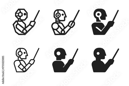 AI Conducting Logos. The impact of technology on music. Set Logo of The impact of technology on music: AI conductor (robotic baton). harmonious logo variations