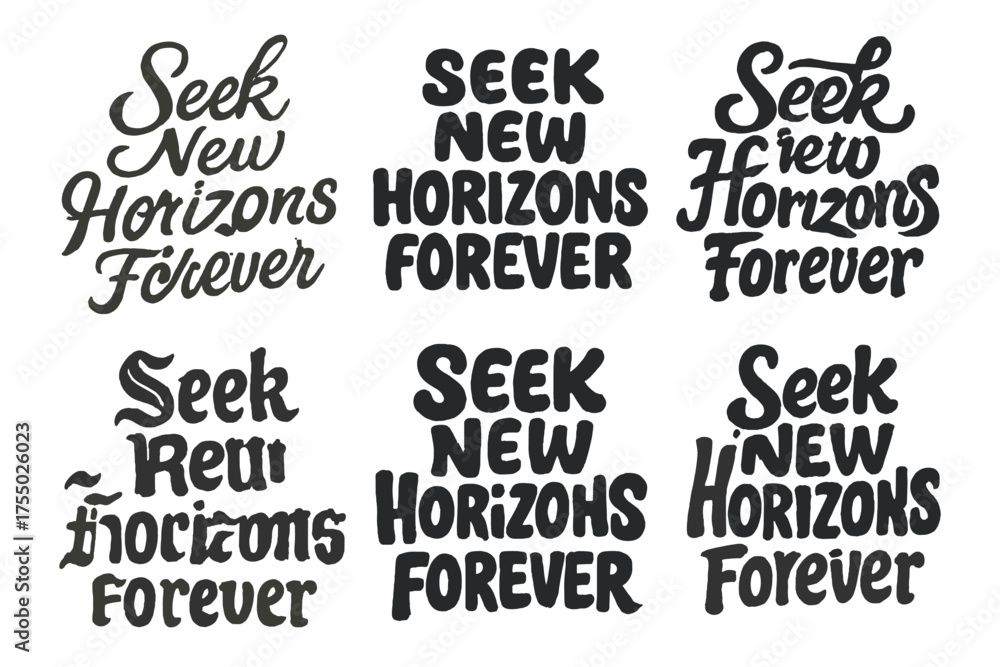 Fototapeta premium Diverse Lettering Styles. Seek New Horizons Forever. Set lettering. harmonious lettering variations of the same emblematic concept, each with different