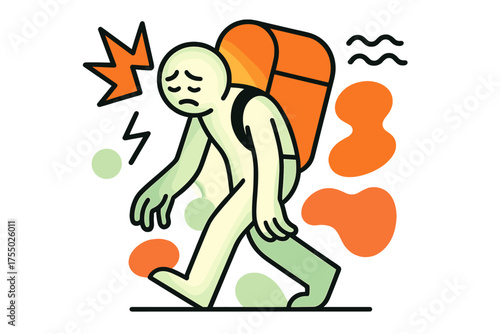 Burdened Journey. Exhausted Walk. A glowing figure with heavy backpack moving slowly, abstract spark and wave icons symbolizing burden. Modern flat-line