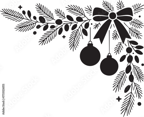 Christmas Floral Corner Frame Black and White Vector