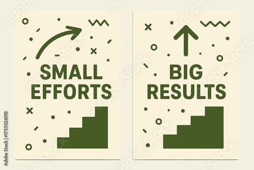 Small Efforts, Big Results. Inspiration. Two vertical A6 banners with safe margins, centered composition, no elements touching edges, memphis style, olive