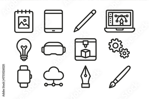 Digital Creativity Icons. Digital creativity. Line icon set of Digital creativity: sketchpad, tablet, stylus, laptop, design software, light bulb, VR headset,