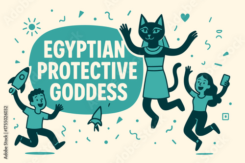 Goddess Banner Celebration. Egyptian Protective Goddess banner, flat vector illustration, bold oversized text inside rounded blob, cartoon characters jumping
