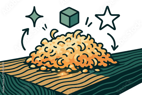 Dynamic Sawdust Scene. Fine details. Glowing macro close-up of sawdust particles resting on wood grain texture. Floating icons of sparkle, cube, and star