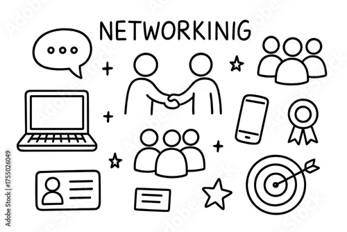 Networking Doodle Icons. Networking. Hand-drawn doodle illustration Networking person handshake group chat speech bubble card business card laptop smartphone