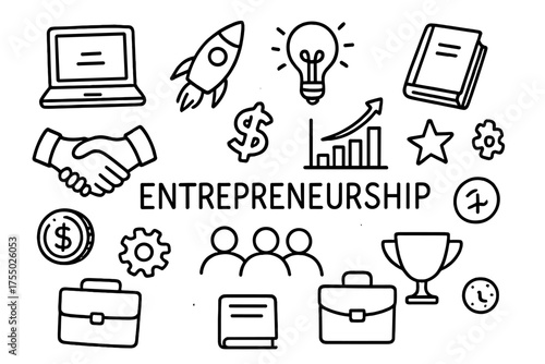 Entrepreneurship Symbols Illustration. Entrepreneurship. Hand-drawn doodle illustration entrepreneurship laptop, rocket, lightbulb, handshake, chart, calendar,