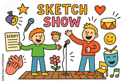 Doodle Comedy Icons. Sketch Show. Colorful Hand-drawn doodle Children illustration two comedians, script, microphone, spotlight, star, heart, smiley face,