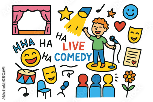 Colorful Comedy Night. Live Comedy. Colorful Hand-drawn doodle Children illustration stage, microphone, performer, spotlight, laughing face, star, heart,