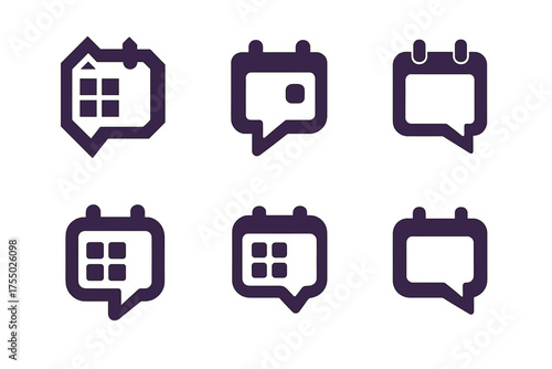 Diverse Logo Variations. Marketing Calendar with Social Channels. Set Logo of Marketing Calendar with Social Channels: speech bubble. harmonious logo