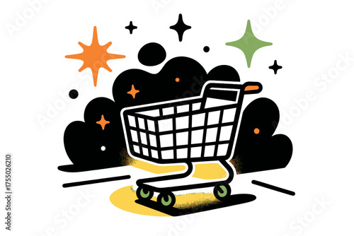 Glowing Lonely Cart. Abandoned Cart. A glowing lonely shopping cart left in a parking lot, abstract spark and star icons symbolizing solitude. Modern flat-line