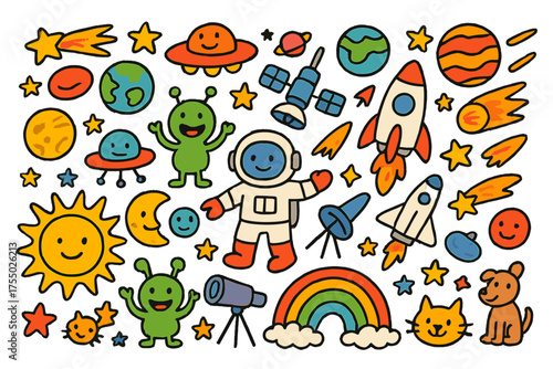 Whimsical Space Adventure. Outer Space Fun. Colorful Hand-drawn doodle Children illustration rocket, astronaut, planets, stars, moon, telescope, satellite,
