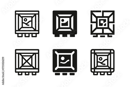 Art Auction Logos. Art and antiquities trading and international auctions. Set Logo of Art and antiquities trading and international auctions: gallery crate