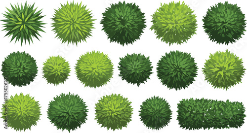 Fifteen top-down views of diverse green shrubs and bushes in varied textures and shapes, perfect for architectural plans, landscaping designs, game assets, and nature-themed visuals